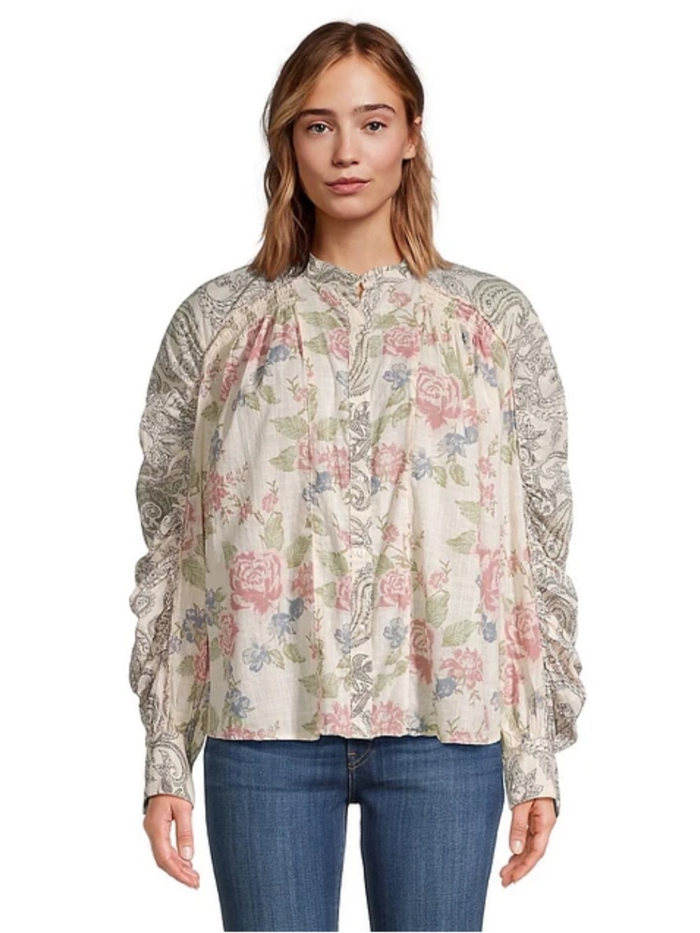 Free People Maraya Ruched-Sleeve Floral Top Peasant Edwardian Boho Cottagecore